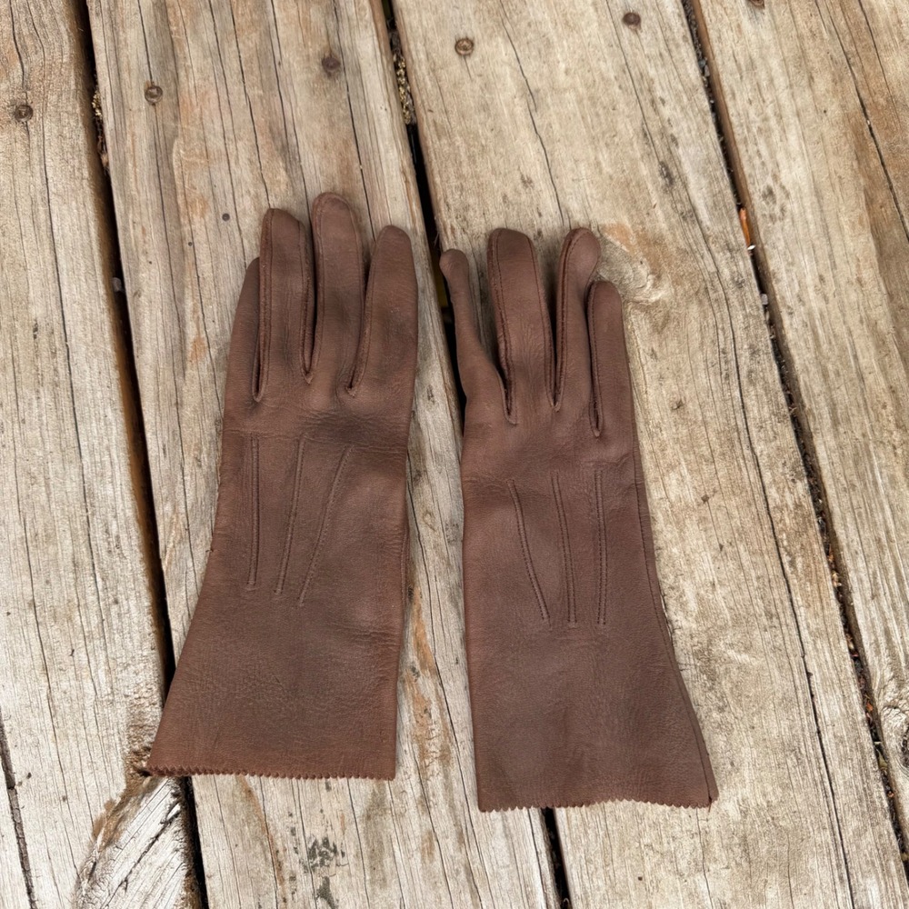 Vintage‎ Brown Leather Opera Length Gloves MCM Point Sitch Details Sz XS/S